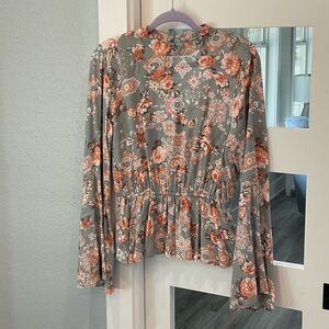 Savanna Jane Women’s Floral Gray and Orange Blouse Size Large